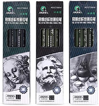 Charcoal Pencil Set - 12pcs/pk - Black Free Cutting Paper Handle Charcoal Pencil C7350 (Medium)...