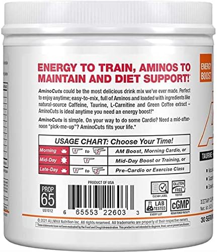 ALLMAX Nutrition AMINOCUTS (ACUTS), Amino-Charged Energy Drink with Taurine, L-Carnitine, Green Coffee Bean Extract, Orange, 30 Servings...
