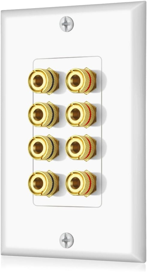 Banana Binding Post Two-Piece Coupler Inset Wall Plate for 4 Speakers Standard Single Gang White...