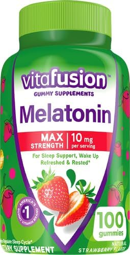Vitafusion Max Strength Melatonin Gummy Supplements, Strawberry Flavored, 10 mg Melatonin Sleep Supplements, America’s Number 1 Gummy Vitamin Bran...
