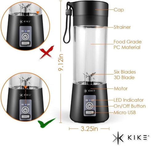KIKE Portable Blender, Personal Blender for Shakes and Smoothies with 6 Blades and 16oz, USB Rechargeable, Travel Cup and Lid, Juices, Baby Food, ...