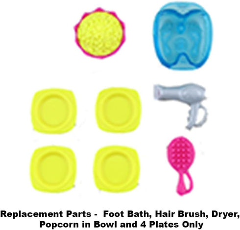 Mattel Replacement Barbie Size Foot Bath, Hair Brush and Dryer, Popcorn in Bowl and 4 Plates for Barbie Malibu Dollhouse Playset - FXG57, Yellow, ...