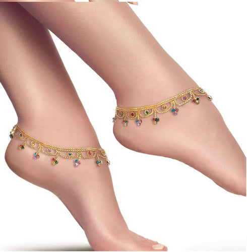 Indian Gold Tone Bells Anklet Chain Payal Set For Women in Multicolor Rhinestone Crystal Zircon For Beach Party Gift...