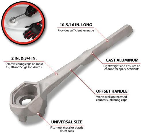 Performance Tool W54160 Aluminum Bung Wrench - Universal Tool for Safe Drum Cap Removal...