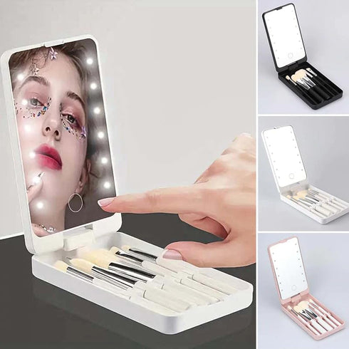 Travel Makeup Brush Set With LED Light Mirror, Travel Makeup Brush Set, Makeup Brush Set with LED Mirror Case Portable Travel Size, Travel Makeup ...