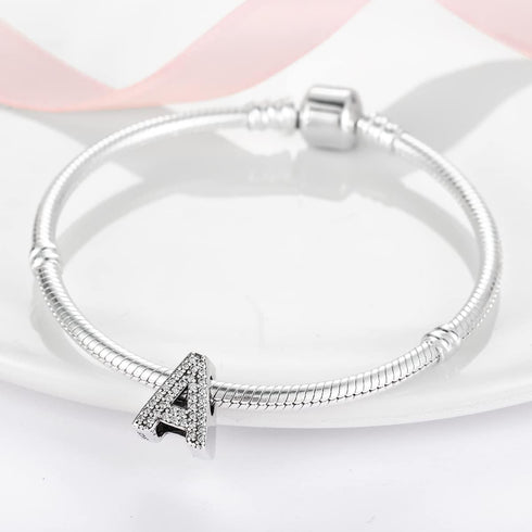 Letter Charms Fits Pandora Bracelets S925 Sterling Silver Initial Charms for Bracelets Alphabet A-Z Letters Bead Bracelets Necklace Pendent with C...