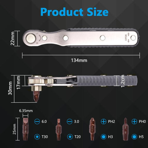 5 Pcs Mini Ratchet Wrench Set, 1/4 Inch Drive, High Torque Offset Reversible Screwdriver, with Phillips, Slotted, Hex, Torx for Tight Spaces...