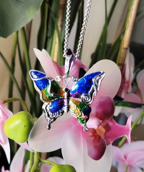 Silvertone Colorful Butterfly Pendant Necklace 24" Stainless Steel Chain...
