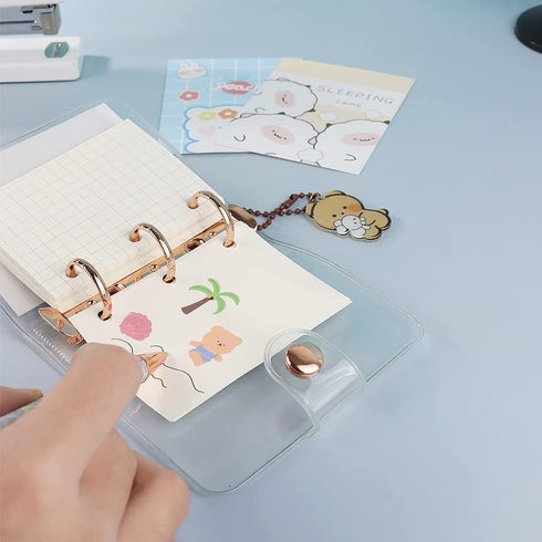 Mini Size 3-Ring Binder Cover Clear Refillable PVC Notebook Binder with Snap Button Closure File Folder for 3-Holes Filler Paper Loose Leaf Person...