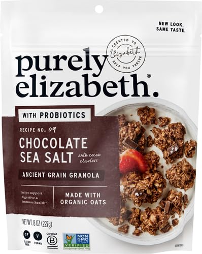 Purely Elizabeth, Chocolate Sea Salt, Ancient Grain Granola with Probiotics, Gluten-Free, Non-GMO (8oz Bag)...