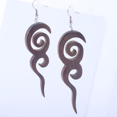 Tribal Wood Earrings and Necklace Set for Women, Long Spiral Dangling Earrings, Adjustable Cord Necklace, Wooden Jewelry...
