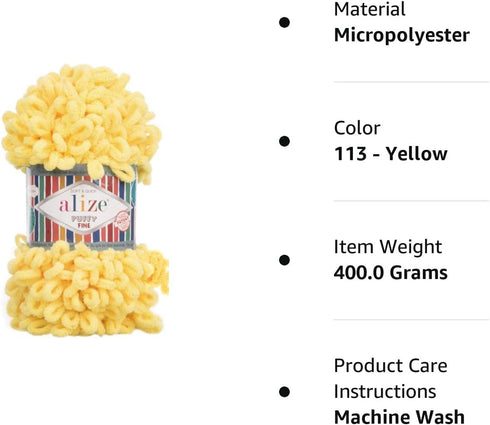 Alize Puffy Fine Baby Blanket Small Loop 100% Micropolyester Soft Yarn Lot of 4skn 400gr 64yds (113 - Yellow)......