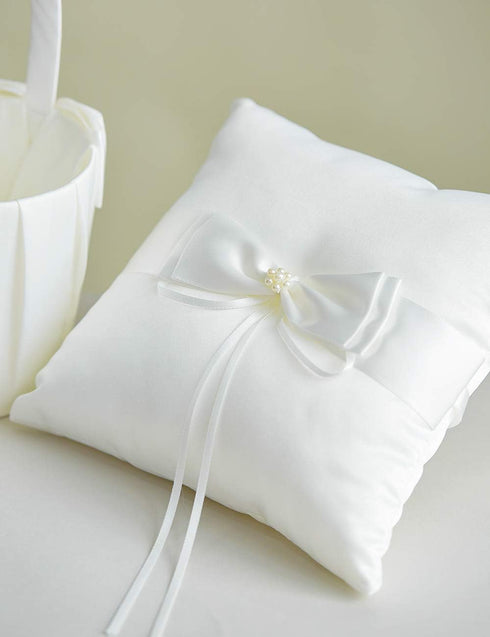Wedding Flower Girl Basket and Ring Bearer Pillow Set, Simple Bow Pearl Collection - Ivory...