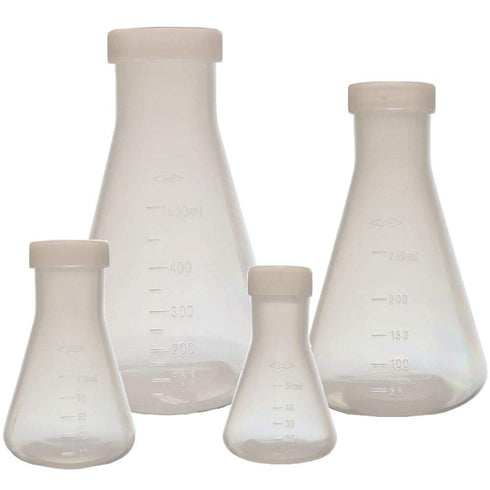 Plastic Erlenmeyer Flask Set with Screw Caps - 4 Sizes - 50, 100, 250, and 500ml, Polypropylene, Molded Graduations, Karter Scientific 252N9...