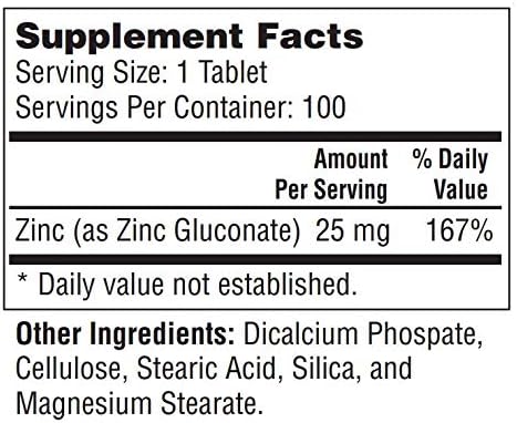 Zinc (as Zinc Gluconate) 25 mg, 100 Mini Size Easy to Swallow Tablets – Immune Support, Essential Mineral Antioxidant, Healthy Living, Gluten Free...