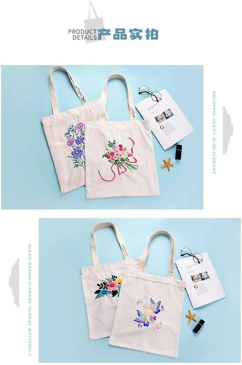 Dark Blue Canvas Cotton Tote Bag Embroidery Kit,Orchid Flowers Art Pattern,Cross Stitch Kits, Including Stamped Embroidery Bag with Hoops,Needle, ...