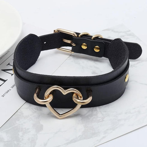 Punk Leather Goth Choker Collar Adjustable Rock PU Leather Choker Necklaces Cosplay Jewelry Vintage Necklaces - Black with Gold Heart...
