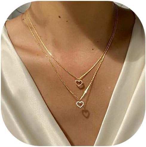 Gold Layered Necklace for Women 14K Gold Plated Dainty Necklace Diamond Cross Heart Pearl Snake Pendant Necklace Herringbone Paperclip Chain Choke...