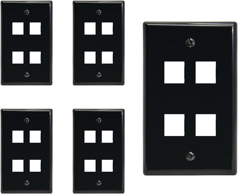 4 Port Keystone Jack Wall Plate with Smooth Face (5-Pack, Black)...