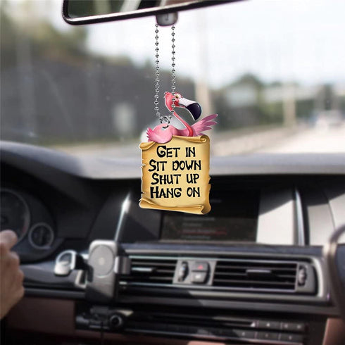 Flamingo Car Hanging Ornament Rear View Mirror Pendant,Get in Sit Down Shut Up Hang On Automotive Interior Mirrors Pendant,Car Charm Ornament, Win...