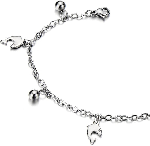 COOLSTEELANDBEYOND Stainless Steel Anklet Bracelet with Dangling Charms of Dolphins and Beads...