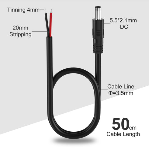 3Packs DC Power Pigtail Cable,DC Barrel Plug Connector 2.1mm x 5.5mm DC Male Plug to Bare Wire Open End Power Wire Supply Repair Cord for CCTV Sec...