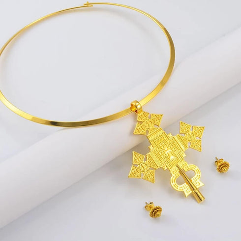 Ethiopian Cross Jewelry for Women - Ethiopian Jewelry for Women Set - Big Size Pendant Chokers Collar and 1Cm Small Earrings Etiopian Jewelry Sets...