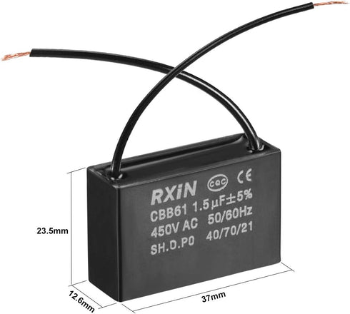 uxcell Ceiling Fan Capacitor CBB61 1.5uF 450V AC 2 Wires Metalized Polypropylene Film Capacitors 37x23.5x12.6mm for Water Pump Motor Generator...