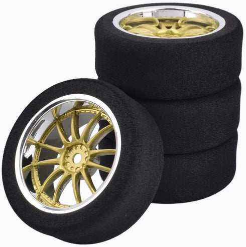 4Pcs 1/10 On-Road Foam Tires& 9003 Wheel Rims 12mm Hex for HSP HPI RC Racing Car Toy, Gold...