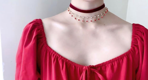14K Gold Plated Ruby Red Layered Velvet Choker Necklace for Women Double Chain Indian Chokers Necklaces Goth Vampire Chocker Boho Chokers Statemen...