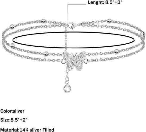 14K Butterfly Silver - Adjustable Layered - Jewelry Anklet Gifts for Women Teen Girls...