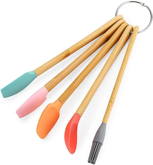 Silicone Spatula, 5 Pack Mini Spatulas Scrapers with Bamboo Handle for Cooking Baking Nonstick Cookware Kitchen Utensils High Heat Resistant BPA F...