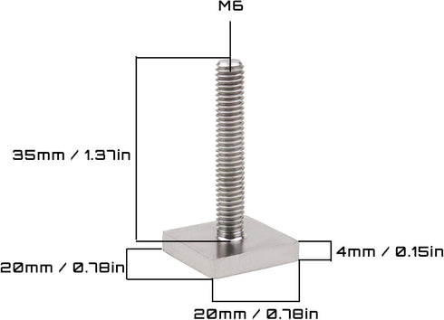6PCS T-Track Adapter M6 x 35 mm T-Slot Bolts Stainless Steel 20x20mm Square Head Bolts Car Roof Bar Accessories for Car Roof Rack Roof Box Rail Ca...