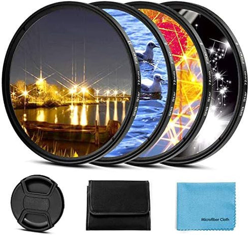 55mm Star Filter 4 Pieces Starburst Lens Filter(4 Points,6 Points,8 Points,12 Points) with Centre Pinch Lens Cap for Canon Nikon Sony Olympus Pent...