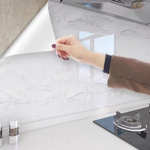 Glossy Marble Paper Granite Grey/White Roll Kitchen Countertop Cabinet Furniture Wallpaper PVC Adhesive and Removable Cover Surfaces Peel and Stic...