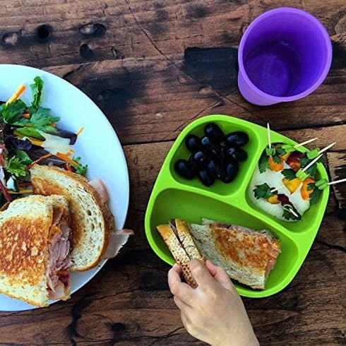 Re-Play Toddler Dinnerware Set - No-Spill Sippy Cup, 7" Divided Plate, Rounded Tip Fork and Deep Scoop Spoon - Dishwasher and Microwave Safe - Mad...