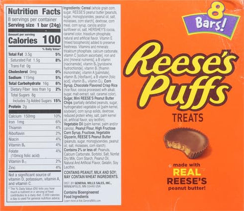REESE'S Puffs Cereal Treat Bars, Peanut Butter and Cocoa, Snack Bars, 8 Ct, 6.8 oz...