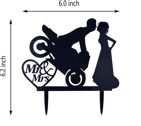 Motorcycle Funny Wedding Cake Topper Mr & Mrs, Bride Groom with Motorbike (Black Acrylic)...