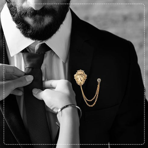 Knighthood Vintage Men Golden Crowned Lion King With Stone Hanging Chain Brooch Pins Lapel Pin, Suit Coat for Women Accessories...