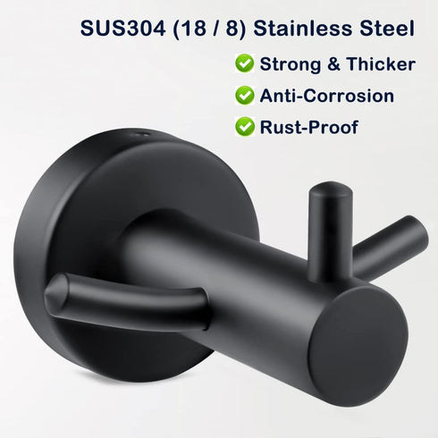 Pack of 2 Matte Black Wall Mounted Towel Hooks for Bathroom Shower Kitchen Cabinet Closet Door, SUS304 Stainless Steel Double Bath Robe Hook...