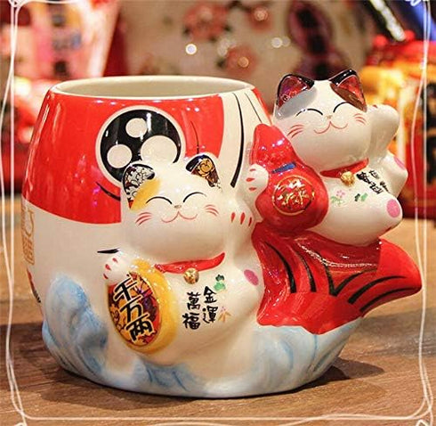 EatingBiting Fortune Japanese Lucky Beckoning Cats Maneki Neko Flower Pot Vase Pen Holder,Pair Cat set on fish,Ceramic Pencil Holder for Organizer...