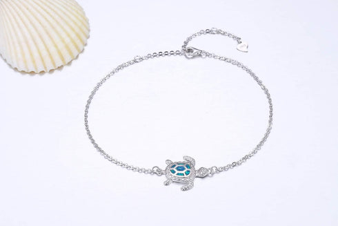 Blue Opal Sea Turtle Ankle Bracelet Sterling Silver Anklet Fine Jewelry For Women Gifts New Version 4 Level Adjustable Anklet (Large Bracelet)...