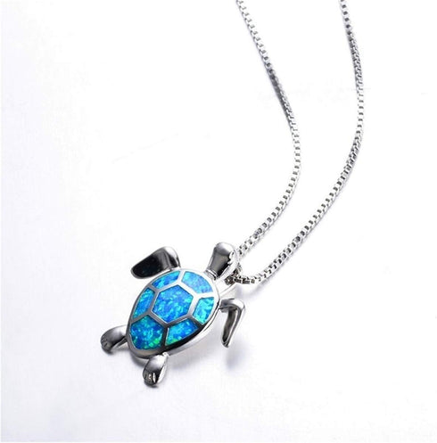 Cute Turtle Pendant Necklace Lovely Animals White Created Fire Opal Silver Chain Necklace Jewellery Gifts (Blue)...