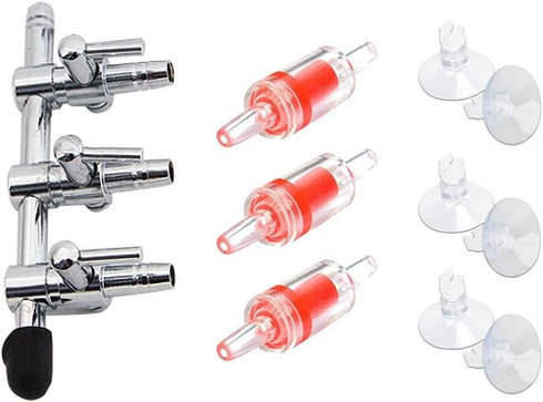 Aquarium Air Pump Splitter 10 in 1 Set 3-Way Air Flow Control Lever Valve & 3 Non-Return Check Valves & 6 Suction Cups for Fish Tank Airline Air T...