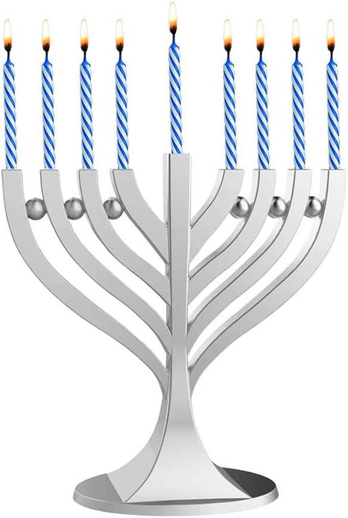 Zion Judaica Mini Classic Menorah with Mini Birthday Size Hanukkah Candles - Satin Silver Small Travel Minorah with 44 Blue and White Spiral Chanu...