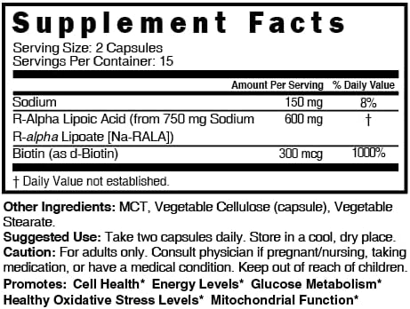 Nutri R Alpha Lipoic Acid 600mg Capsules - R Lipoic Acid Stabilized with Biotin - Active Form R-ALA - Clinical Dosage - Powerful Antioxidant and C...
