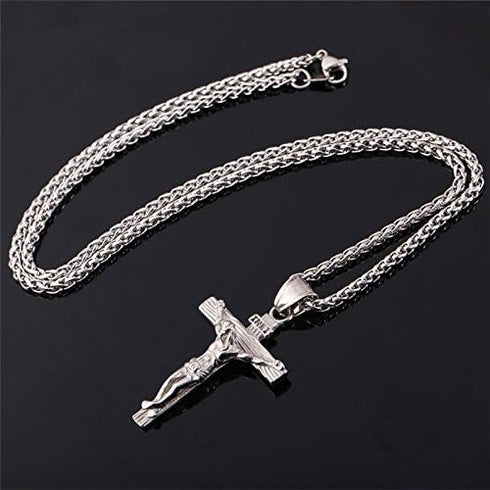 Stainless Steel Antique Cross Crucifix Pendant Jesus Necklace For Men 24 Inch (Silver)...