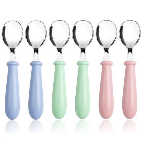 Pimoys 6 Pieces Toddler Spoons Baby Spoons for Self-Feeding, Stainless Steel Kids Spoons with Round Handle Metal Toddler Utensils Children's Silve...