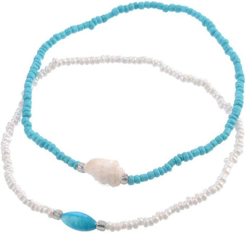 O Boho Beaded Anklets Layered Shell Anklet Bracelet Blue White Stretchy Elastic Foot String Jewelry for Women...