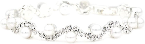 JSEA Womens 4mm Faux Pearl Wave Link Bracelet Silver Tone Rhinestone Bracelets Ladies...
